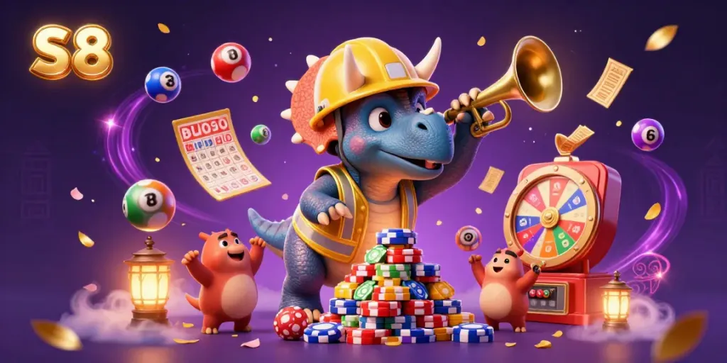 Experience the excitement of S8 with a triceratops building poker chips amidst vibrant lottery and casino elements.