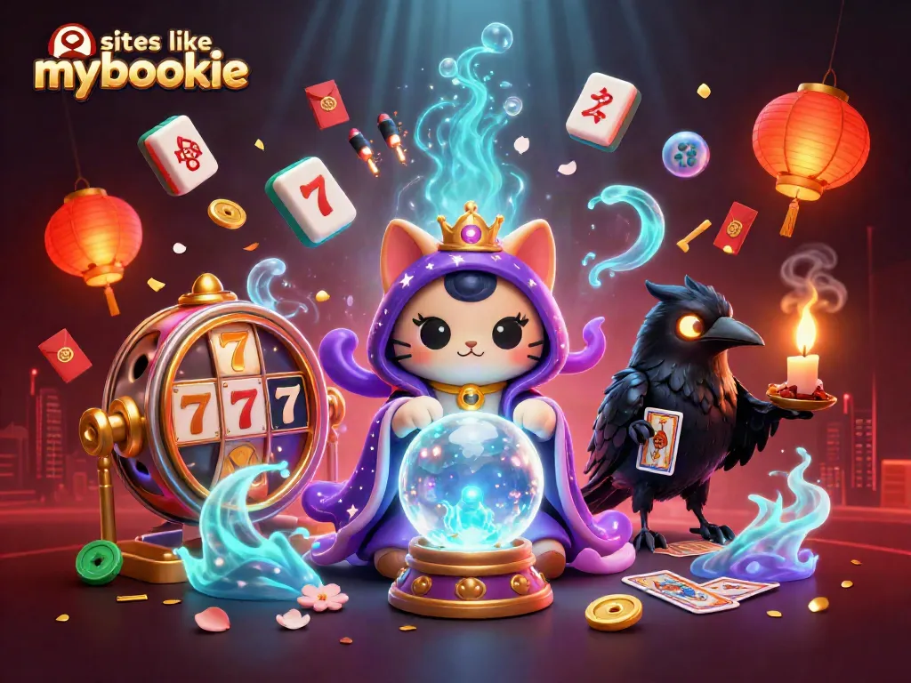 Experience the thrill of betting at sites like MyBookie with a colorful gambling scene filled with fortune tellers and spinning slots!