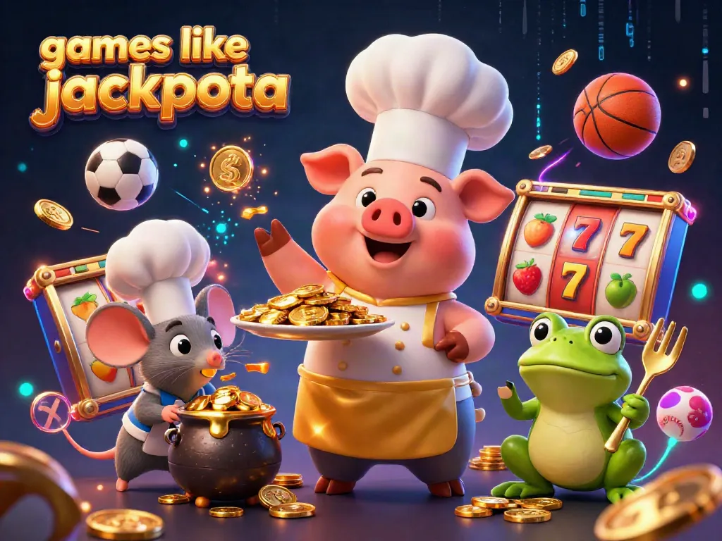 Experience games like jackpota with a vibrant 3D illustration featuring a cartoon chef and dynamic casino elements.