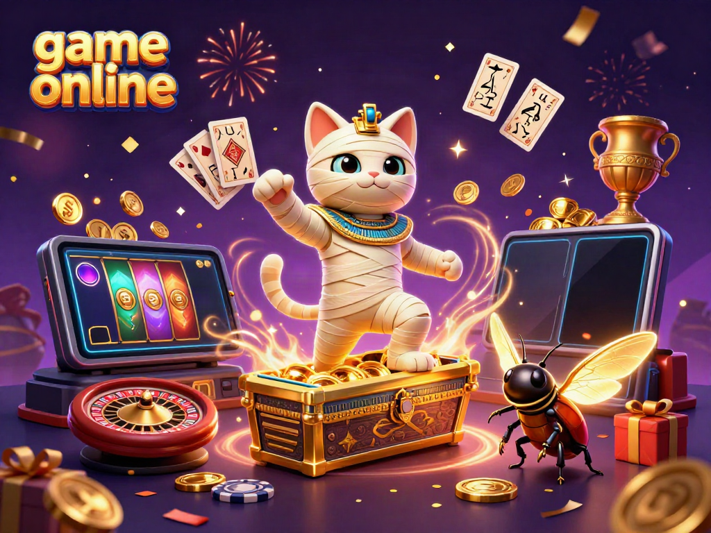 Experience game online promotions with Egyptian mummy cat and golden artifacts in a dynamic casino setting.