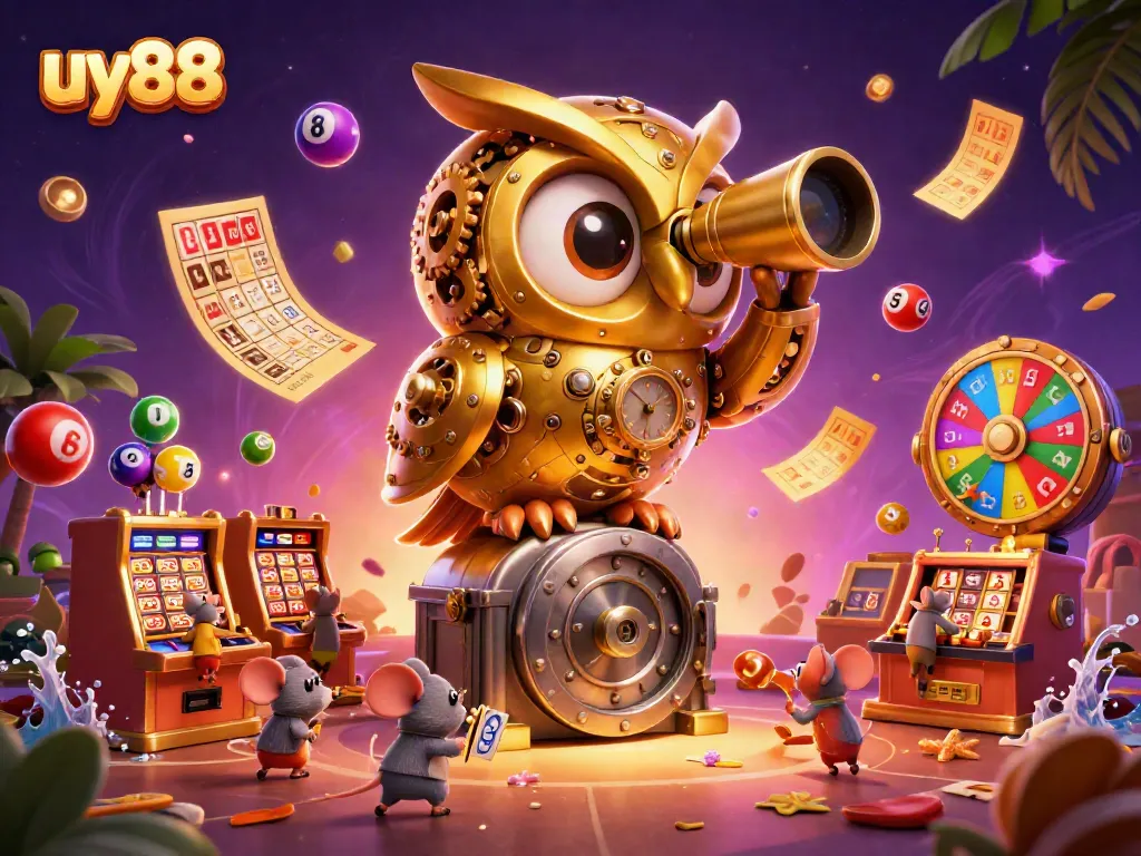 Experience the thrill of winning at uy88 with vibrant lottery elements and golden treasures.