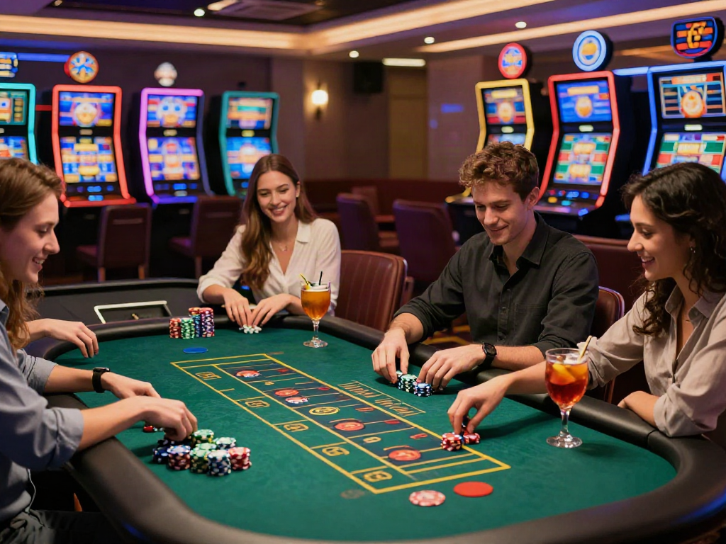 A80 website featuring a lively casino atmosphere with friends engaged in gaming and vibrant slot machines.