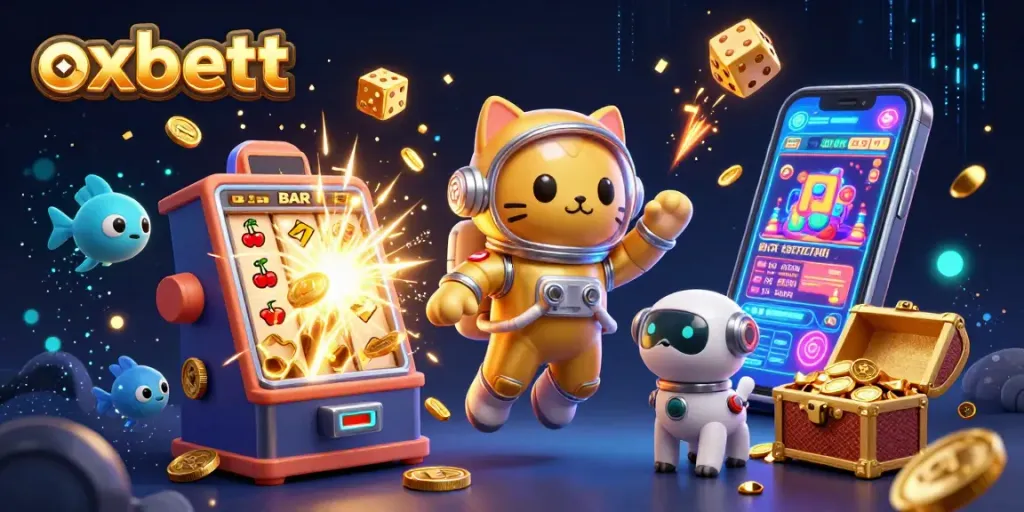 Experience the thrilling world of gambling with Oxbett's dynamic casino scene featuring exciting games and characters.