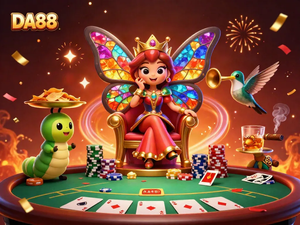 Engage in thrilling gameplay at DA88 with a colorful casino scene featuring poker elements.