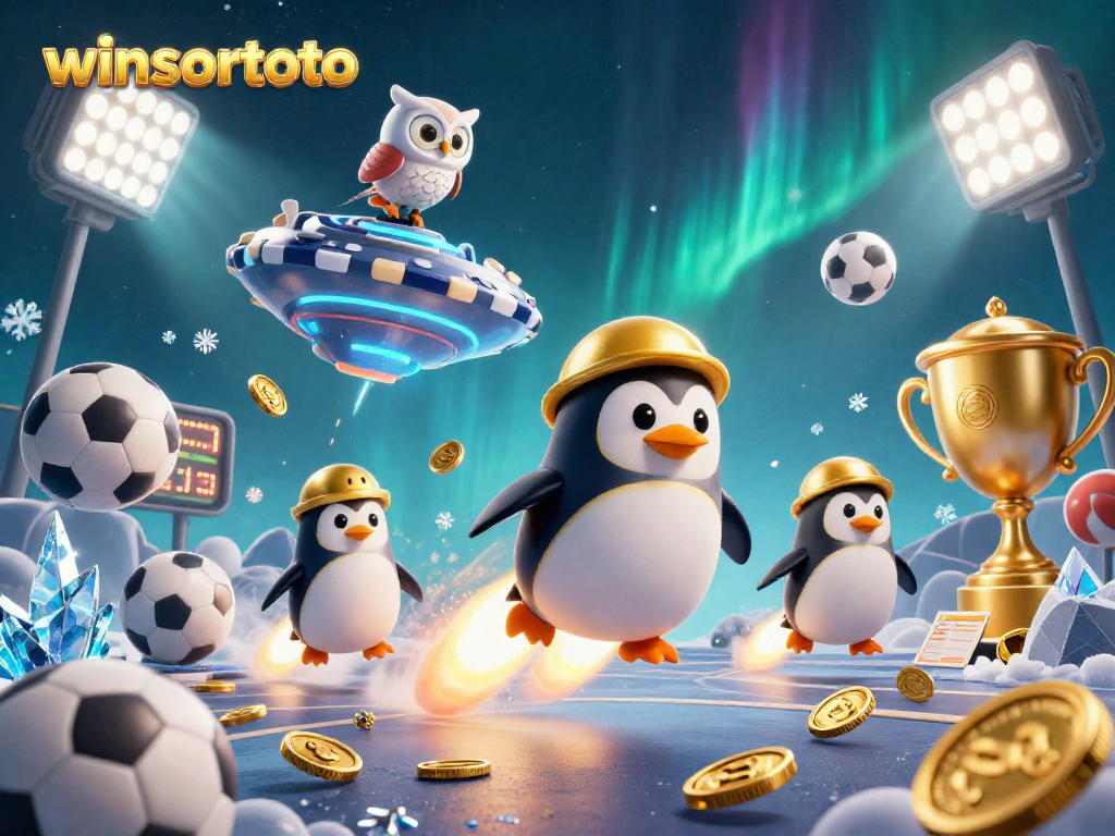 Menangkan kesenangan di winsortoto dengan ilustrasi 3D penguin emas dan elemen kasino menarik.