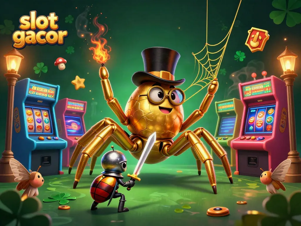 Slot gacor menampilkan tarantula emas dan kesatria beetle di antara mesin slot mengkilap.