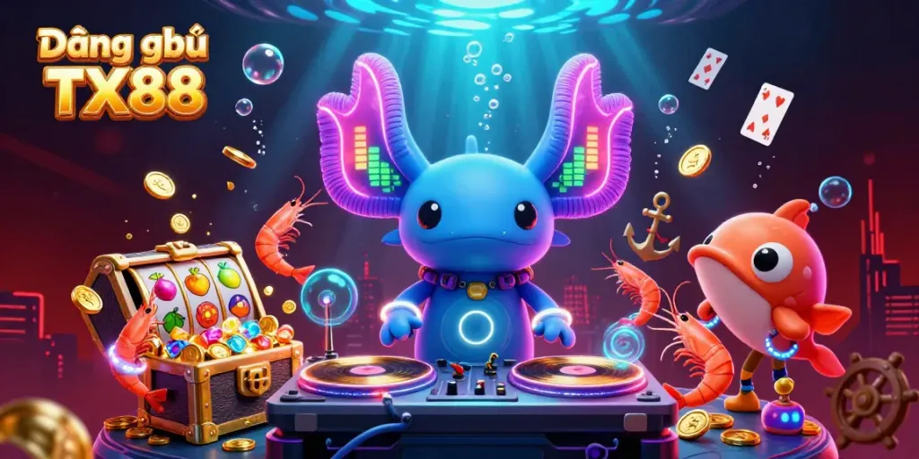 Engage with Đăng ký TX88 in a vibrant underwater casino party scene with colorful characters.