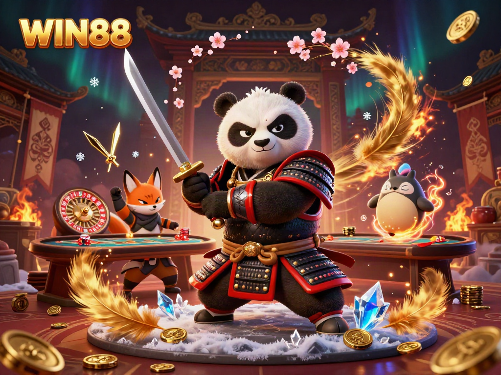 Experience WIN88 with a captivating casino-themed illustration featuring a samurai panda and ninja fox.