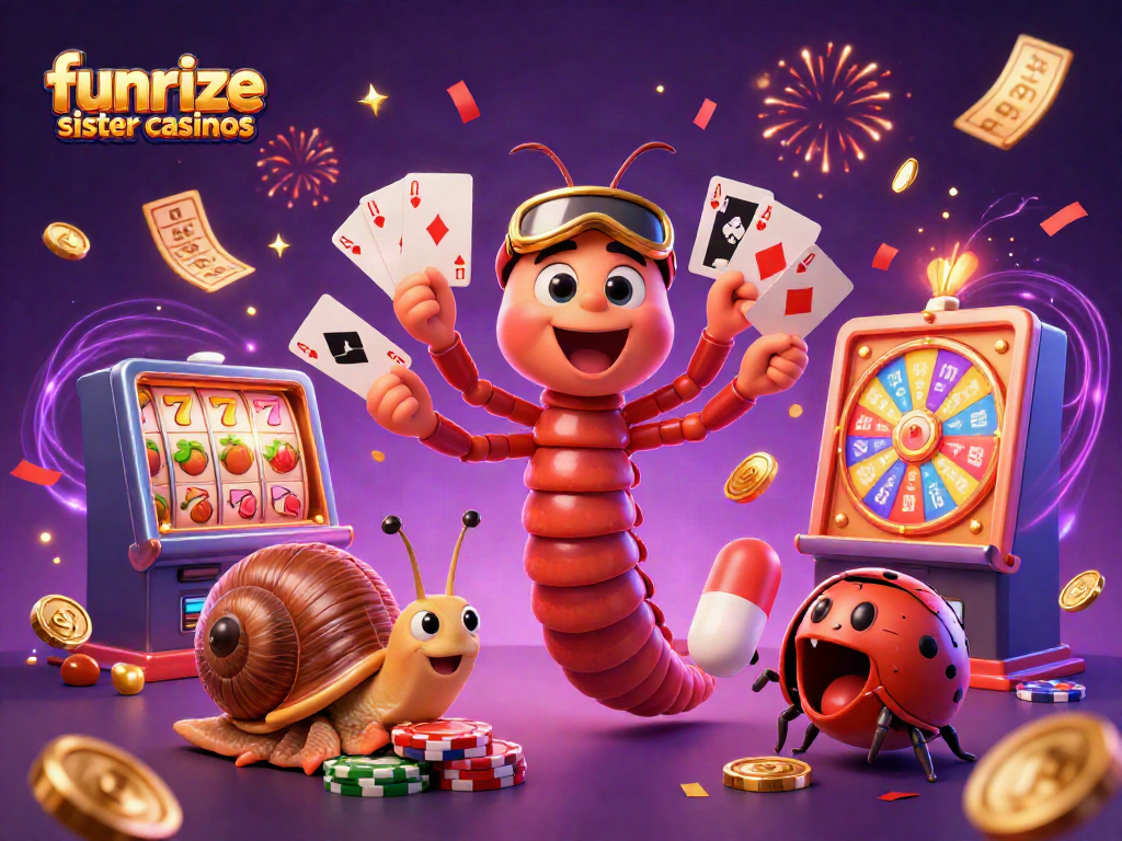Experience the excitement of Funrize sister casinos with a vibrant casino scene featuring colorful illustrations.