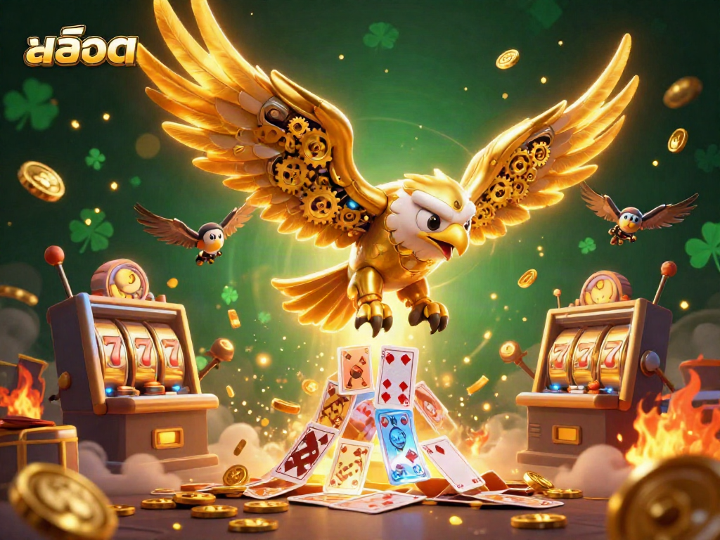 Experience thrilling สล็อต gameplay with a vibrant scene showcasing a cybernetic eagle and dynamic slot elements.