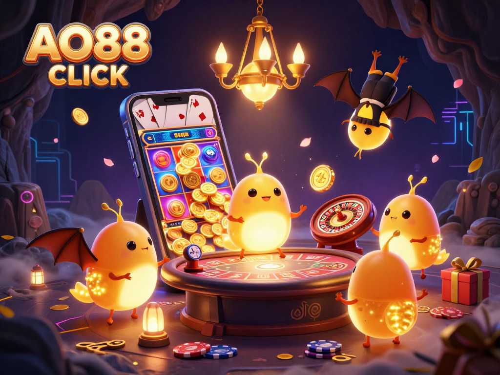 Engage with AO88 CLICK at a vibrant 3D casino scene featuring glowworms and immersive game elements.