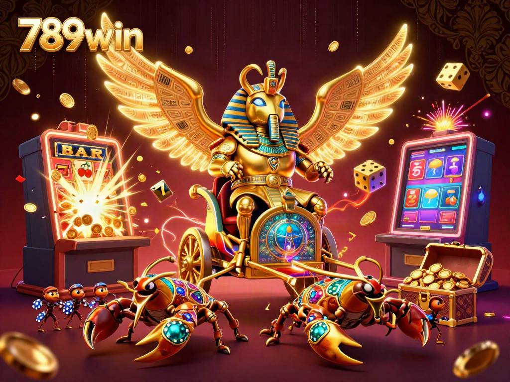 Experience the excitement of winning at 789win with a vibrant 3D casino scene featuring a golden scarab and jackpot symbols.