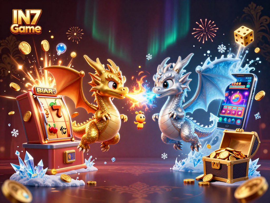 Experience the excitement of the IN7 Game with dynamic 3D dragons and slot machine bursts.