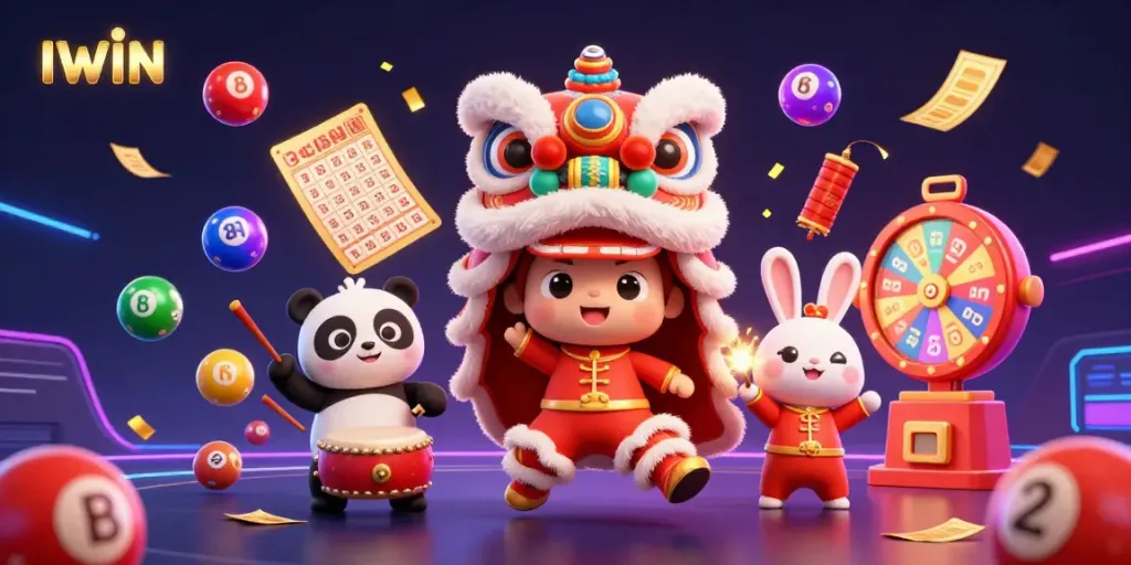 Experience IWIN excitement with vibrant lottery elements and a festive casino scene.