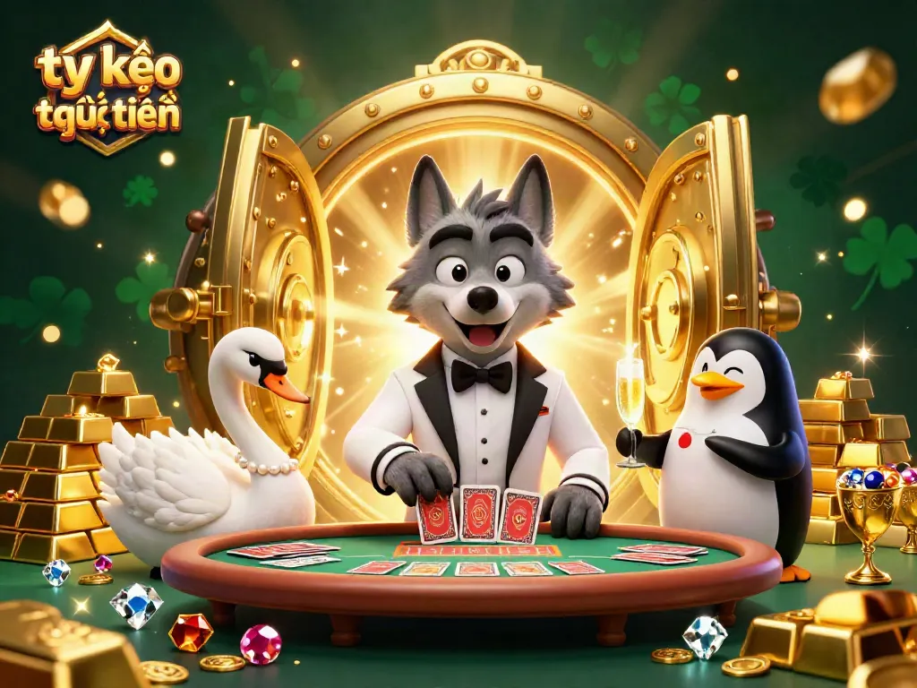 Bet on tỷ lệ kèo trực tuyến while enjoying a lavish casino scene of playful characters and treasures