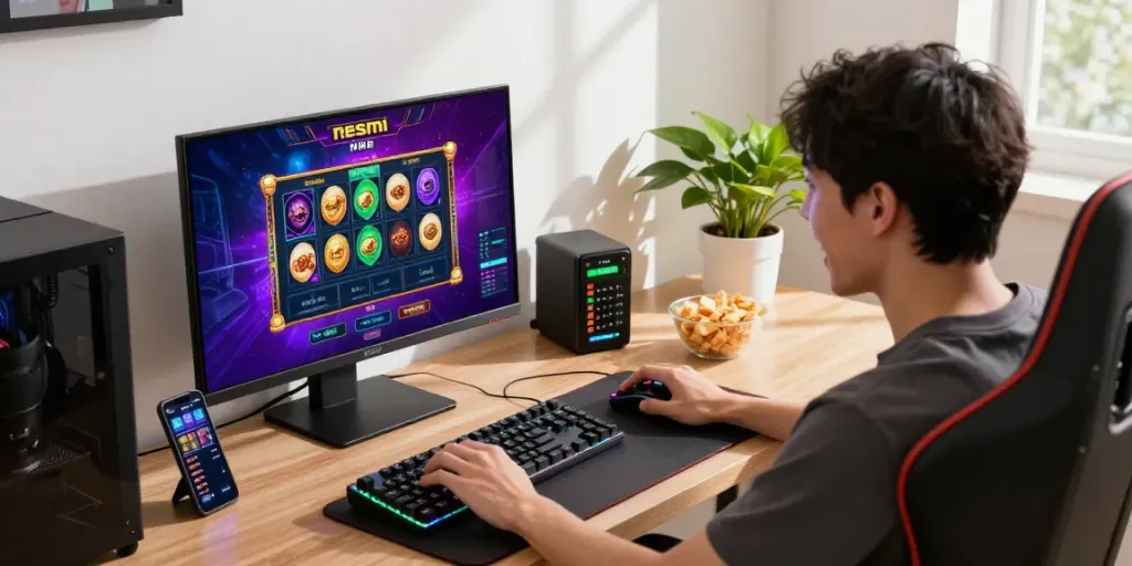 Player enjoying slot resmi games in an engaging home office setup with colorful gaming gear.