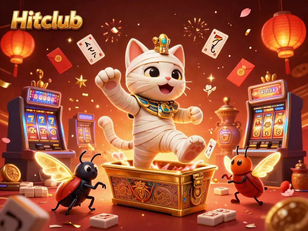 Experience excitement with Hitclub's vibrant casino scene featuring a dynamic Egyptian mummy cat and gold elements.