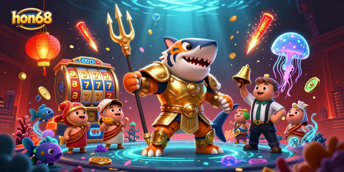 Experience thrilling gaming action at hon68 with a dynamic underwater colosseum illustration featuring a golden gladiator tiger shark.