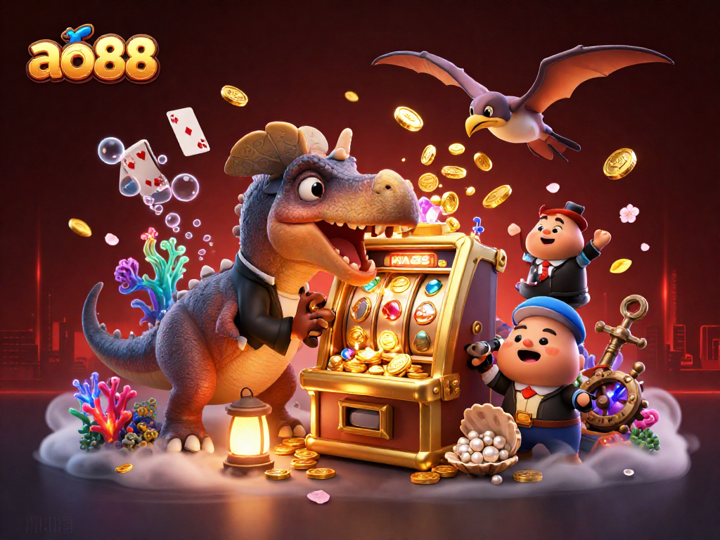 Experience excitement at ao88 as a pachycephalosaurus wins jackpots, surrounded by dynamic casino elements.