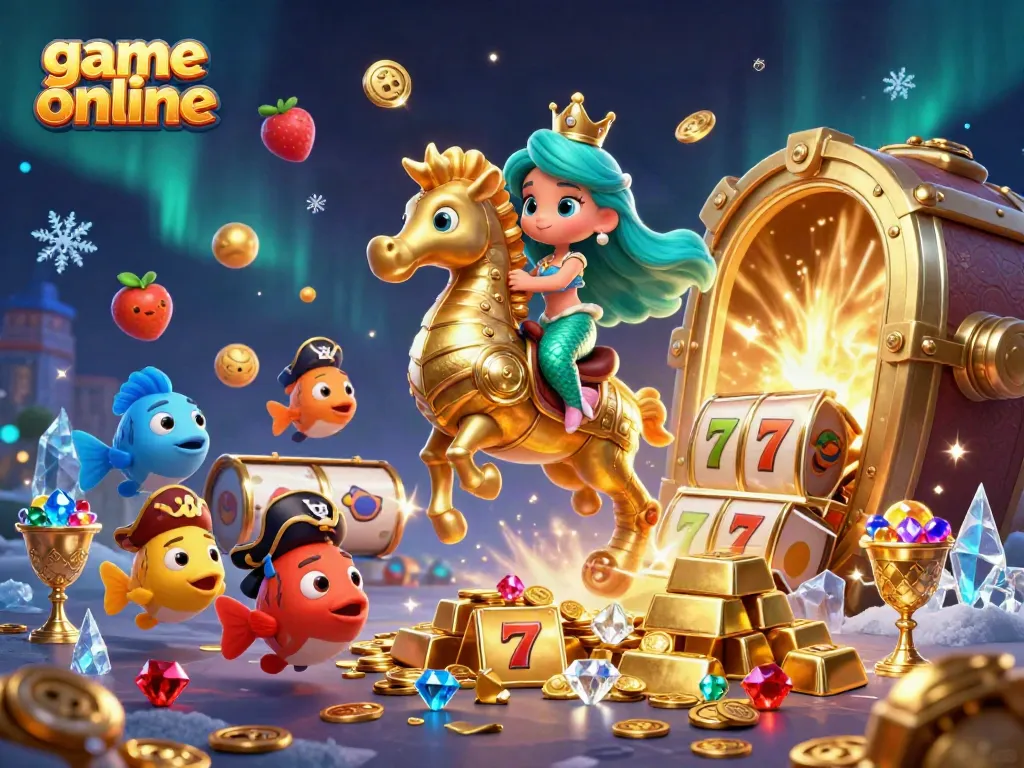 Engage in game online with a lively mermaid riding a seahorse amidst vibrant slot game elements.