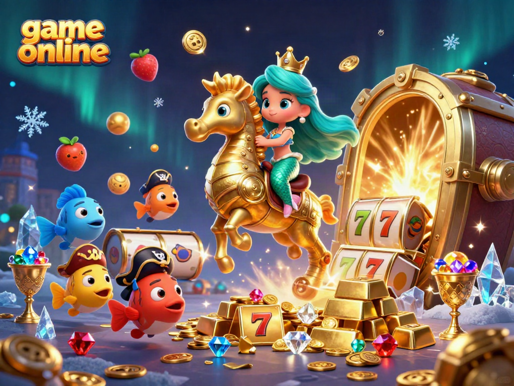 Engage in game online with a lively mermaid riding a seahorse amidst vibrant slot game elements.