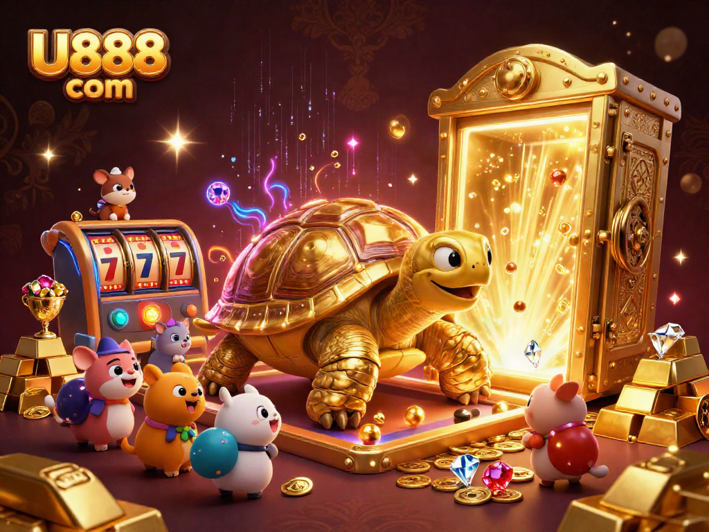 Experience thrilling gameplay at U888 com with vibrant illustrations showcasing exciting slot machines and golden treasures.