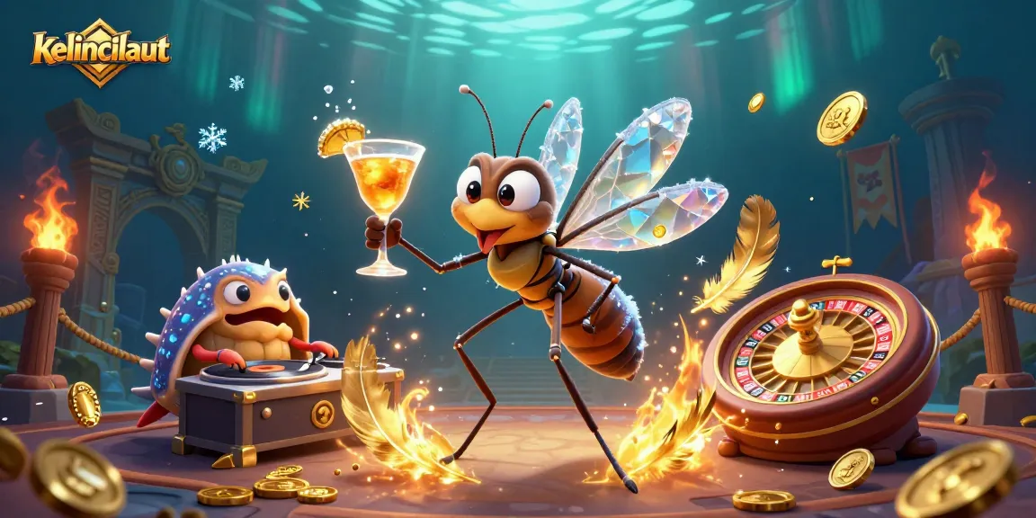 Engaging kelincilaut casino mascot brings excitement with a golden cocktail and gambling elements.