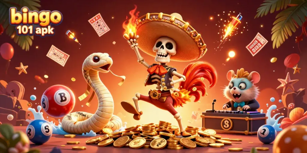 Permainan bingo 101 apk dengan karakter unik merayakan hadiah, dikelilingi berbagai elemen bingo.