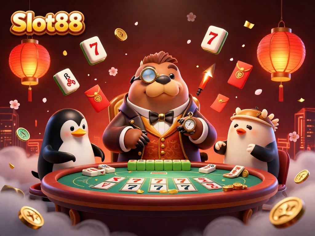 Experience the excitement of Slot88 with a lively underwater poker scene featuring a walrus, penguin dealer, and pufferfish player.