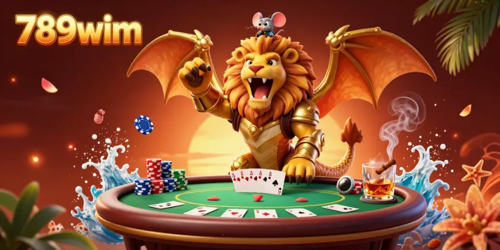 Experience the excitement of 789wim with dynamic poker action and fantasy elements in this vibrant illustration.