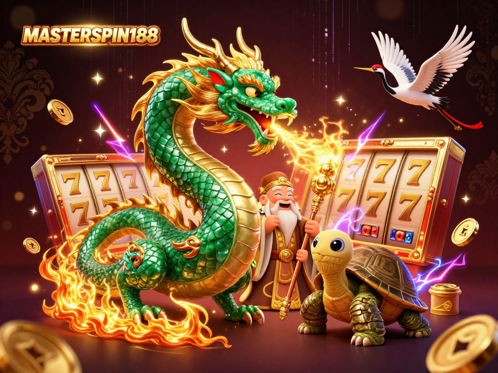 Engage with MASTERSPIN188 and experience the thrill of spinning slot reels alongside mythical characters in an immersive casino scene.
