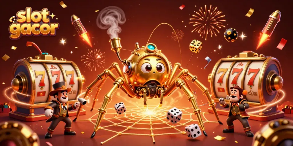 Engage with slot gacor action featuring a steampunk spider and dynamic casino elements.