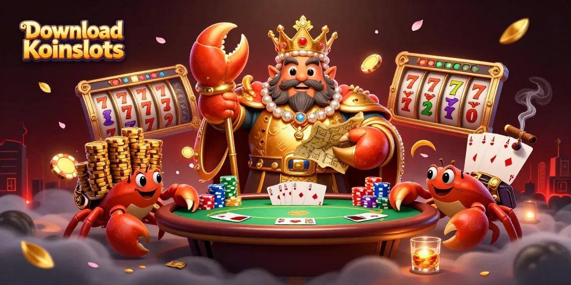Download Koinslots for an immersive gaming experience featuring golden crab and vibrant slot elements.