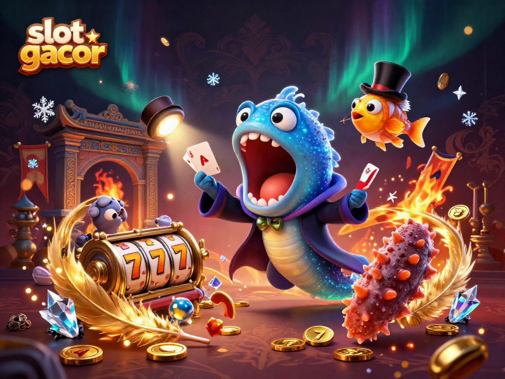 Engage with slot gacor through a vibrant 3D illustration featuring dynamic sea creatures performing magic.