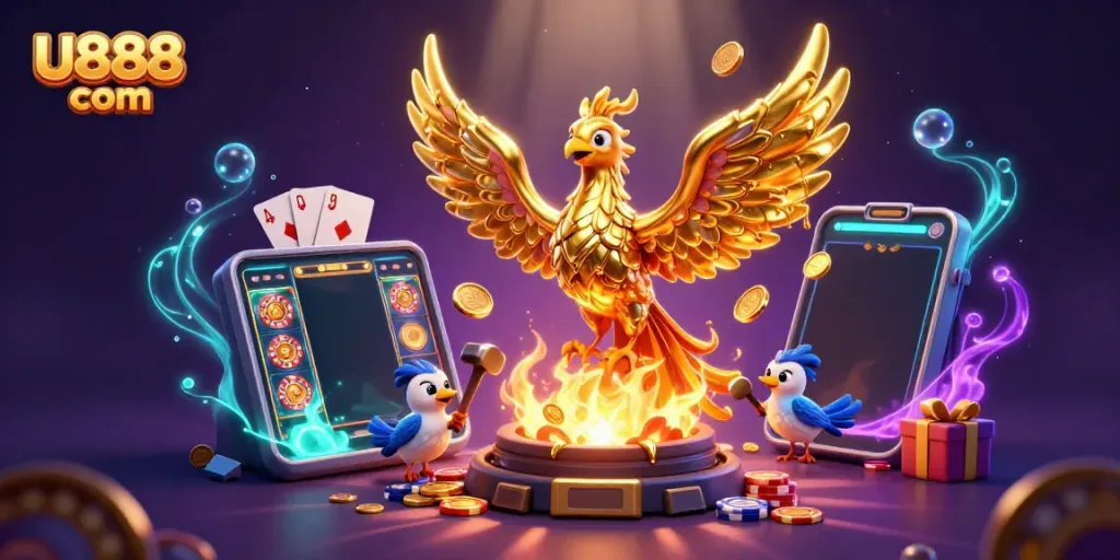 Engage with U888 com's thrilling slot experience featuring golden coins, game elements, and a phoenix mascot.