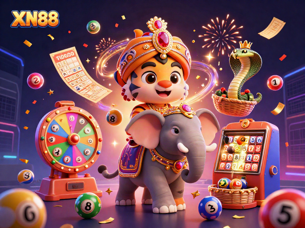 Join the excitement at XN88 with a vibrant illustration of gaming action, featuring a maharaja tiger and prize elements.