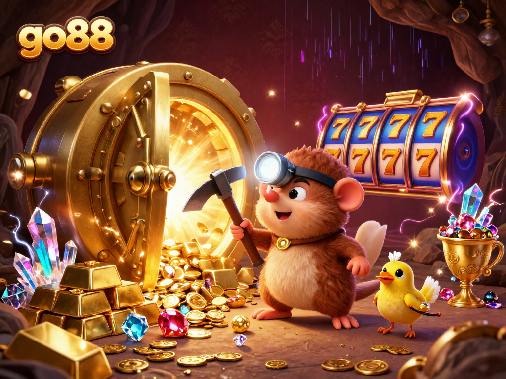 Spin the reels with go88 in this vibrant treasure-themed casino illustration showcasing excitement.