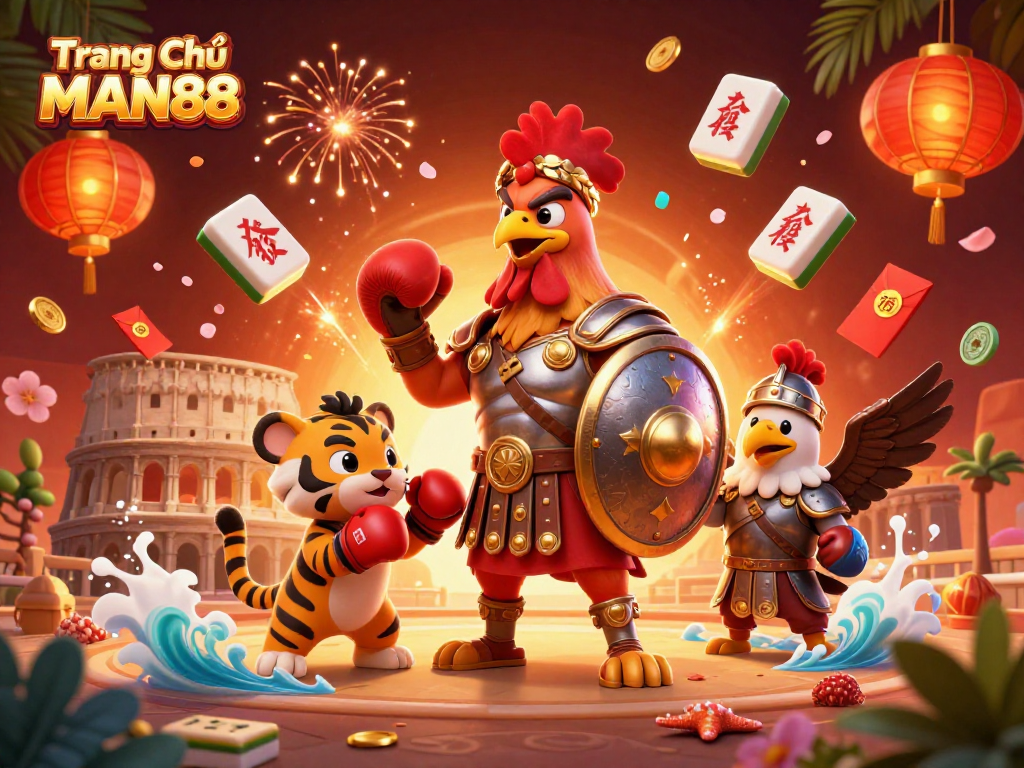 Engage in winning strategies at Trang Chủ MAN88 with a dynamic 3D illustration showcasing vibrant casino elements.