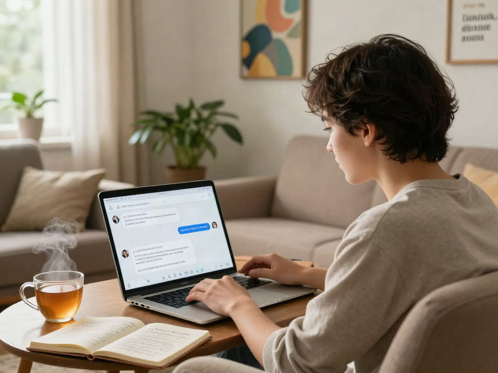 Person engaging in a sex AI chat in a cozy living room setting, laptop open with chat interface.