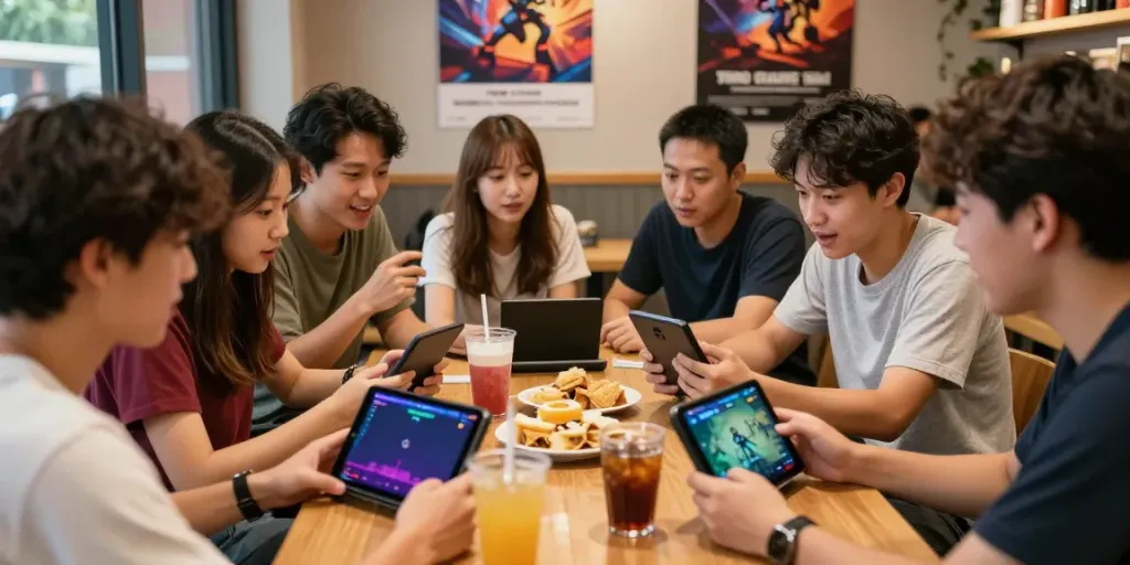 Young adults enjoying Yono Games in a vibrant café, showcasing mobile gaming interaction.
