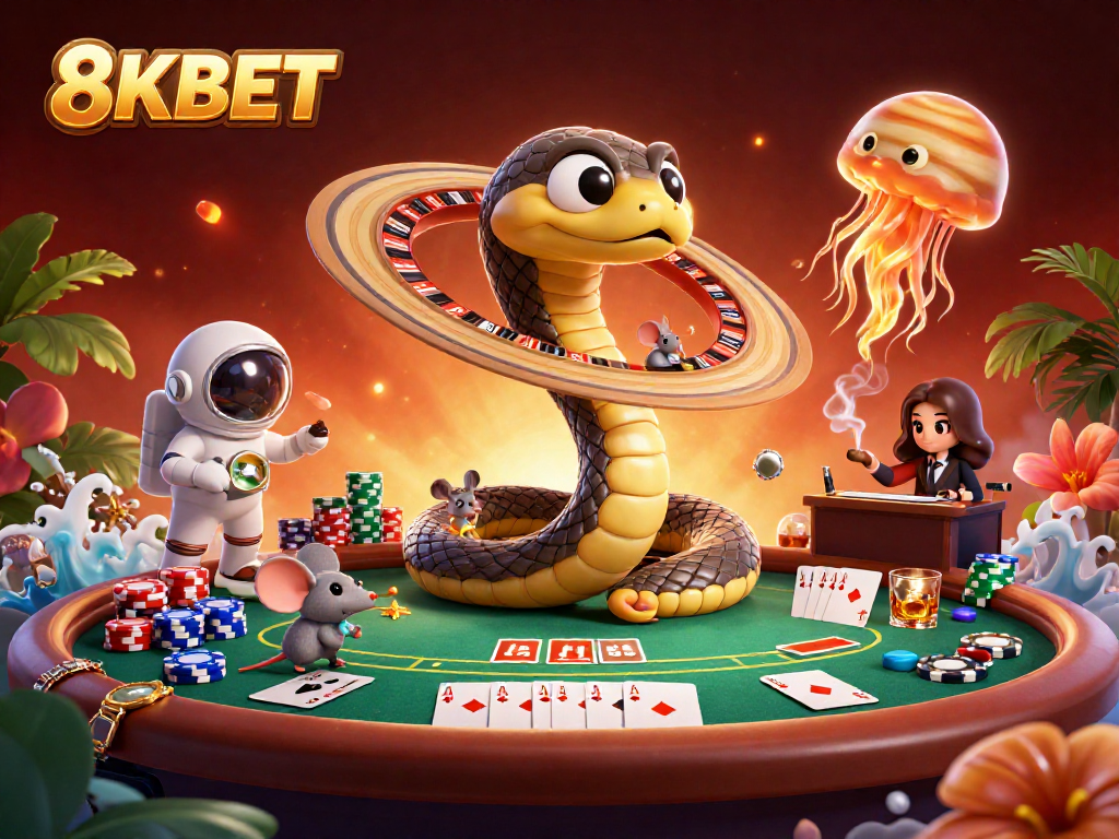 Experience the thrill of 8KBET with vibrant casino action featuring astronaut mice placing bets.