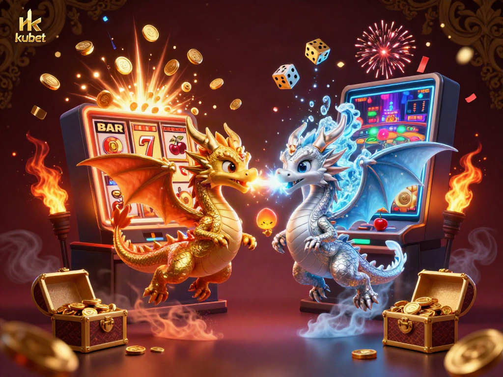 Kubet's vibrant casino scene featuring gold and silver dragons and a jackpot explosion.