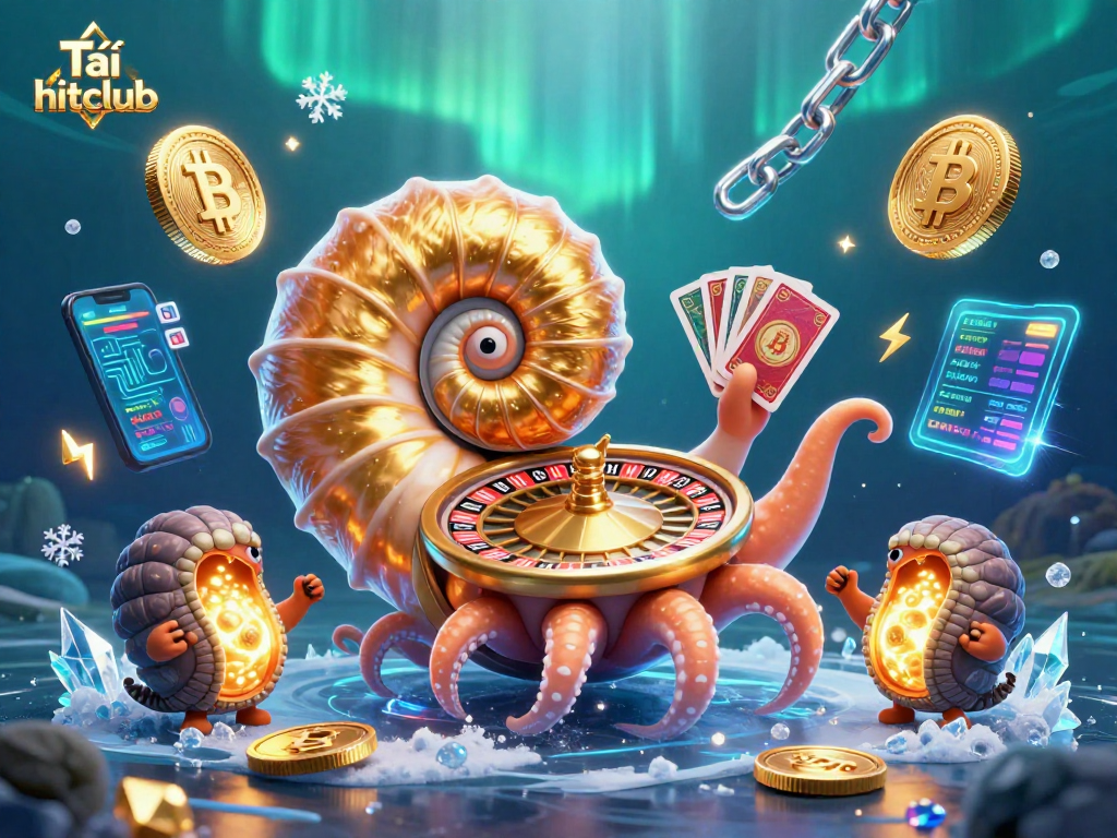 Experience the excitement of Tải hitclub with the 3D illustration of a giant nautilus roulette wheel amidst glowing cryptocurrencies.