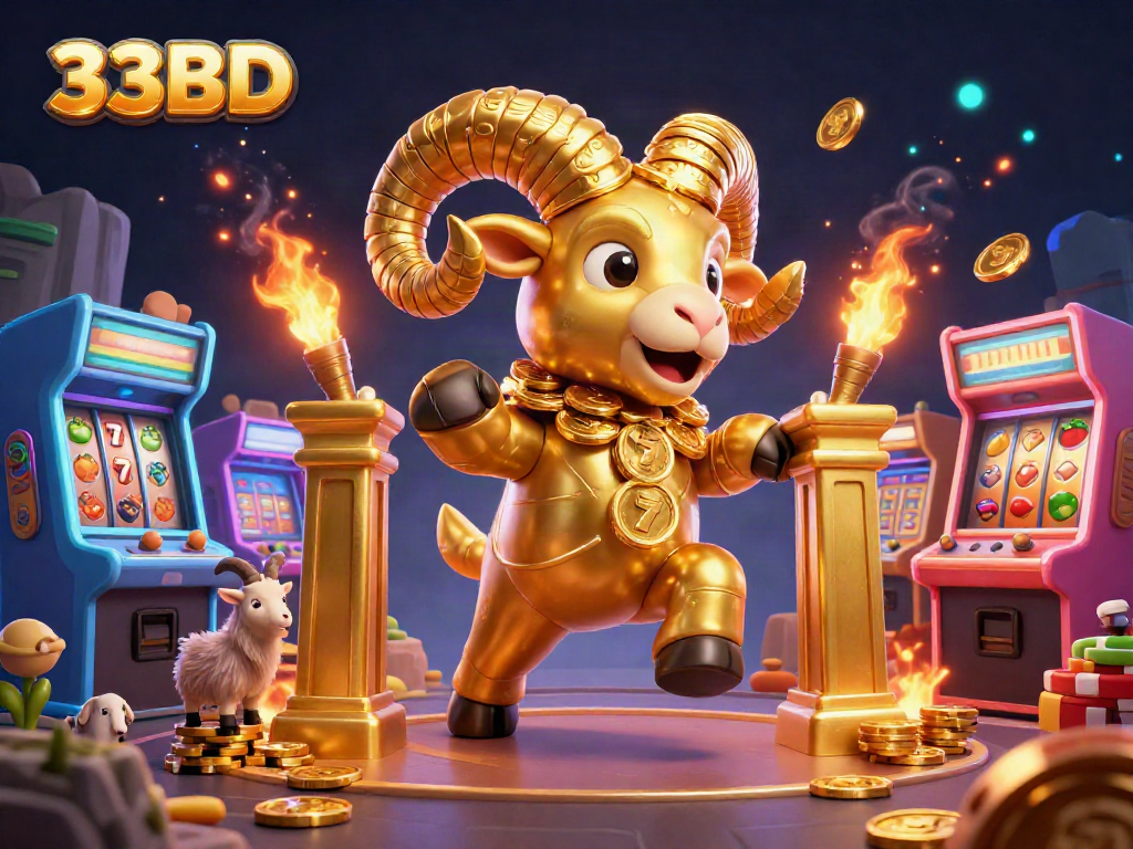 Experience thrilling spins with the 33BD casino illustrated scene featuring a golden ram and vibrant gaming elements.