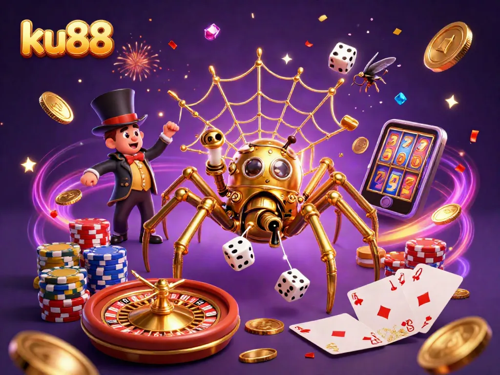 ku88 captures excitement with a golden spider weaving a web of chance and fortune in a lively casino