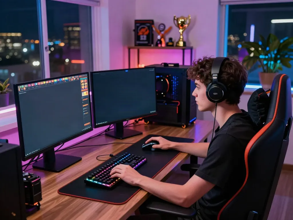 Intense online gaming setup highlighting akunjp, featuring a stylish gaming chair and multiple vibrant screens.