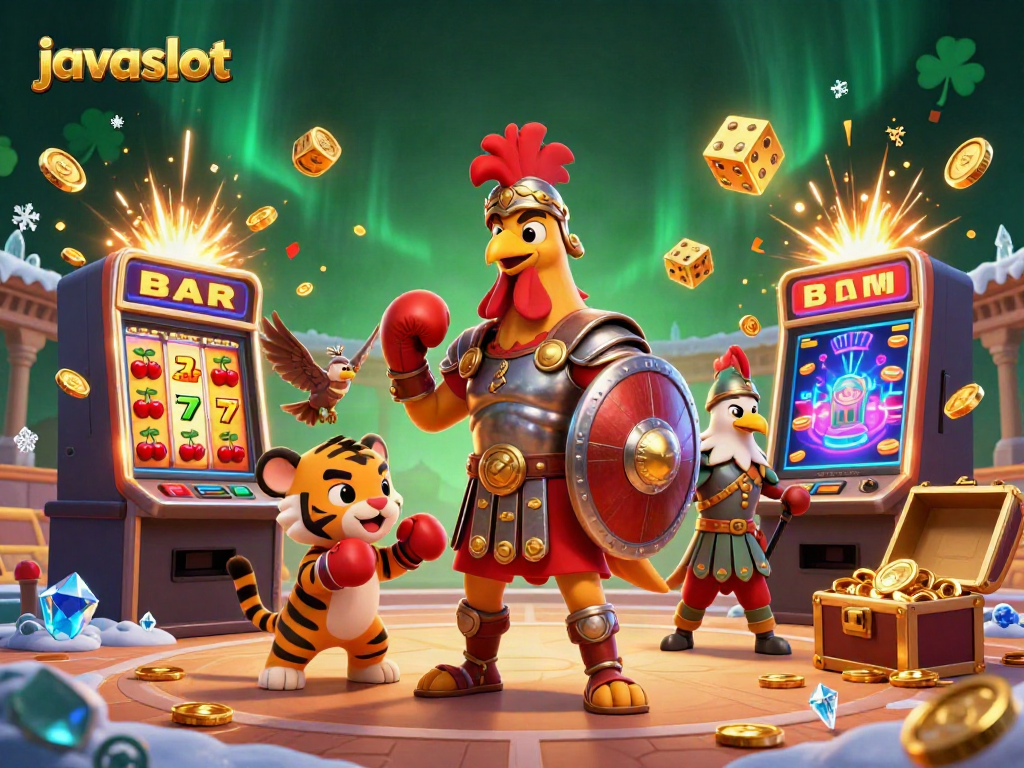 Menggoda keberuntungan dengan javaslot, ayam gladiator menghadapi petarung lainnya di arena kasino.