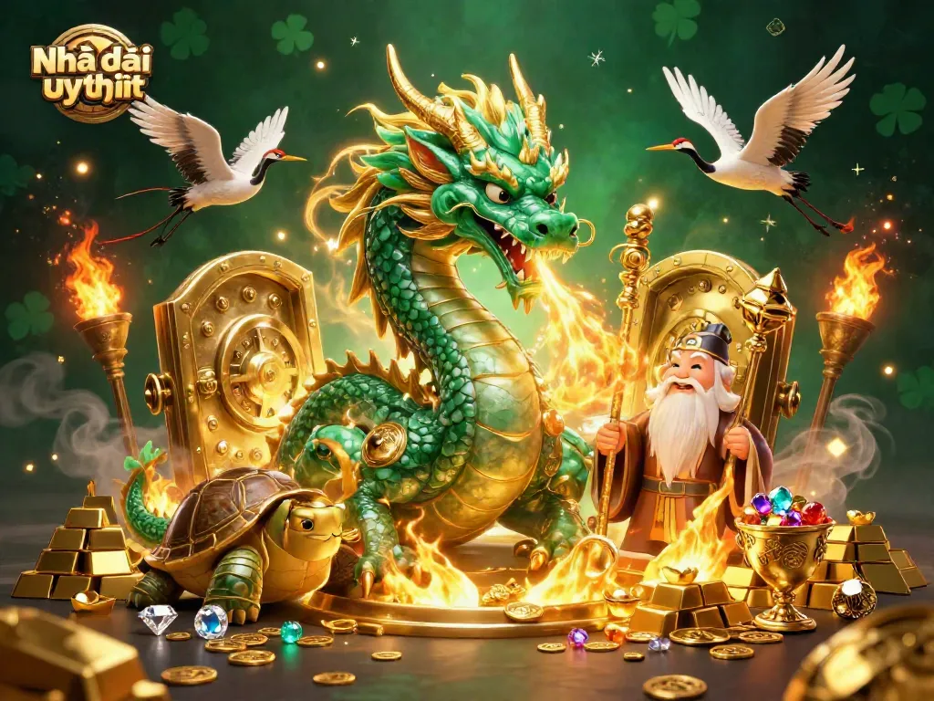 Engage with Nhà cái uy tín through epic casino illustration showcasing majestic characters and glittering treasures.