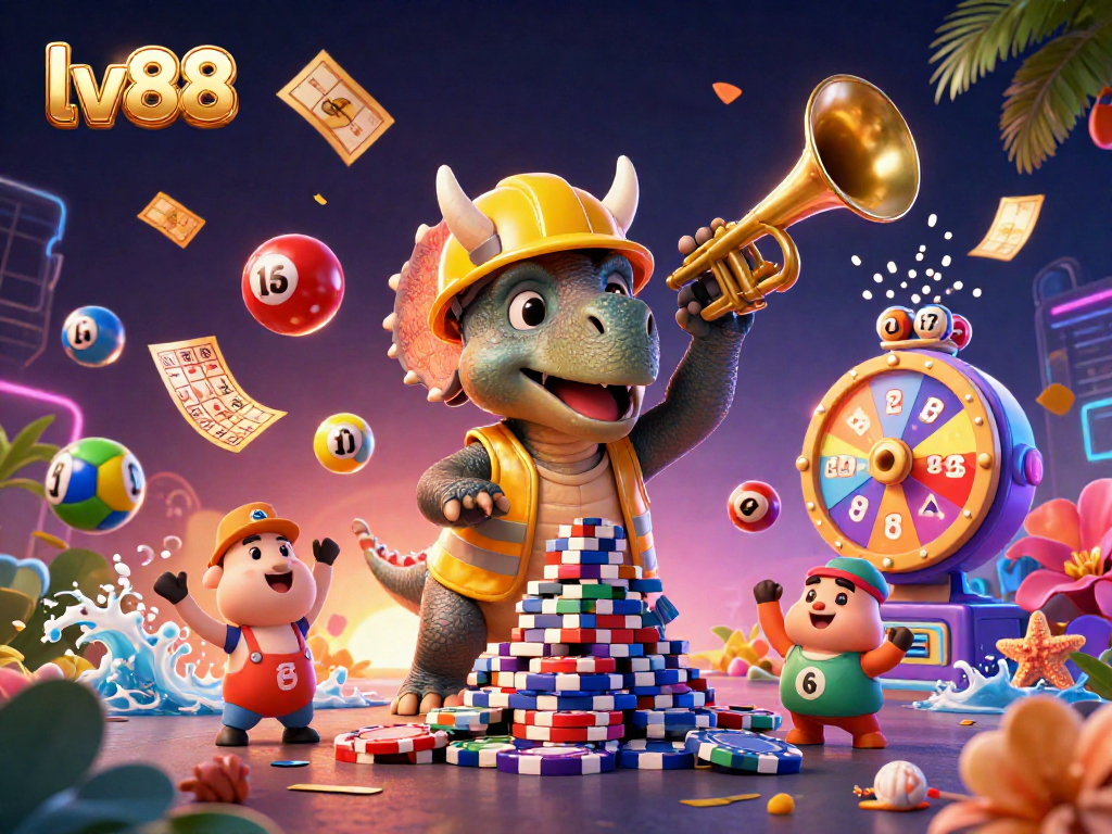lv88 celebrates with vibrant casino fun as the triceratops builds poker chips surrounded by joyful elements.