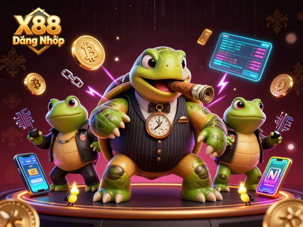 X88 Đăng Nhập scene with a massive snapping turtle mobster and bullfrog enforcers in a vibrant casino atmosphere.